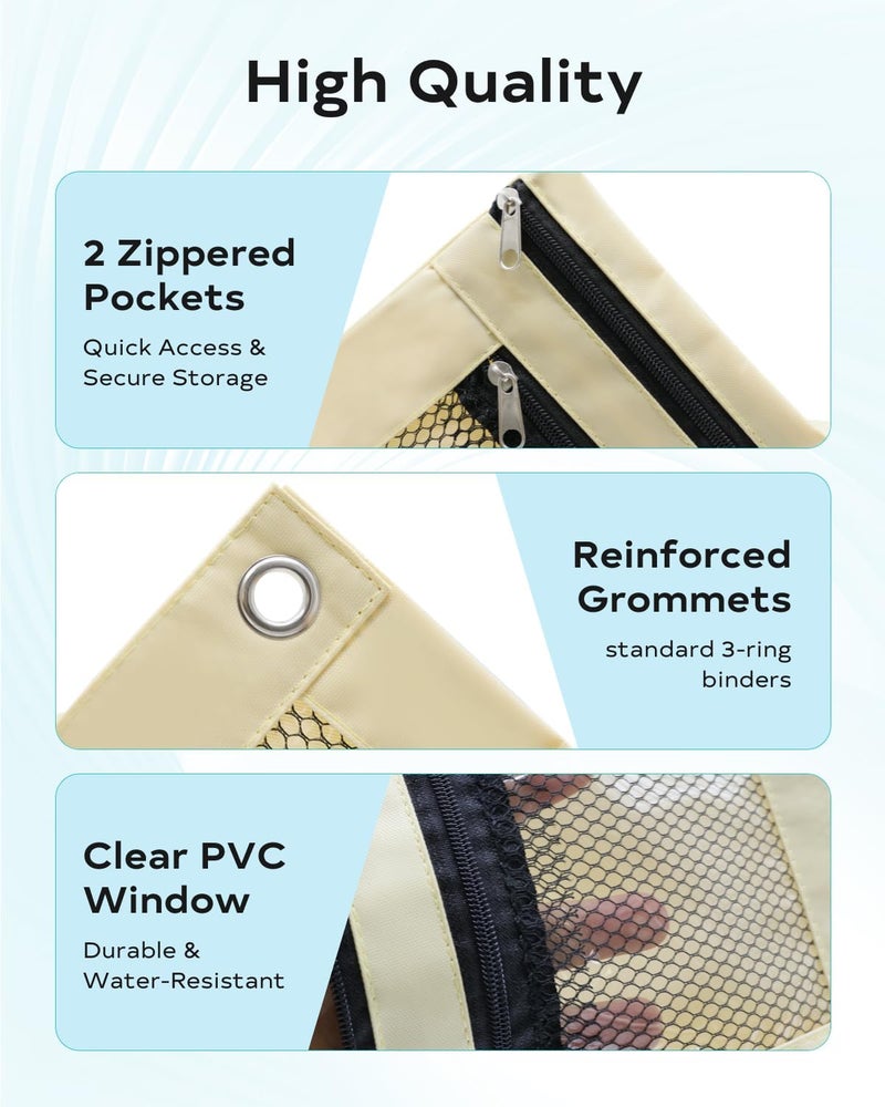 ASBEFORE Pencil Pouch for 3 Ring Binder - 3 Hole Zipper Pen Case Bag Holder Bulk Accessories Clear Window Aesthetic Organizer Pockets (Beige, 1) - Image 3